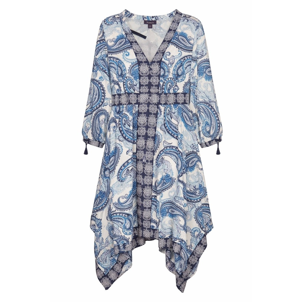 Roaman's Blue White Paisley‎ Flowy Midi Handkerchief Hem Spring Boho Dress 16W